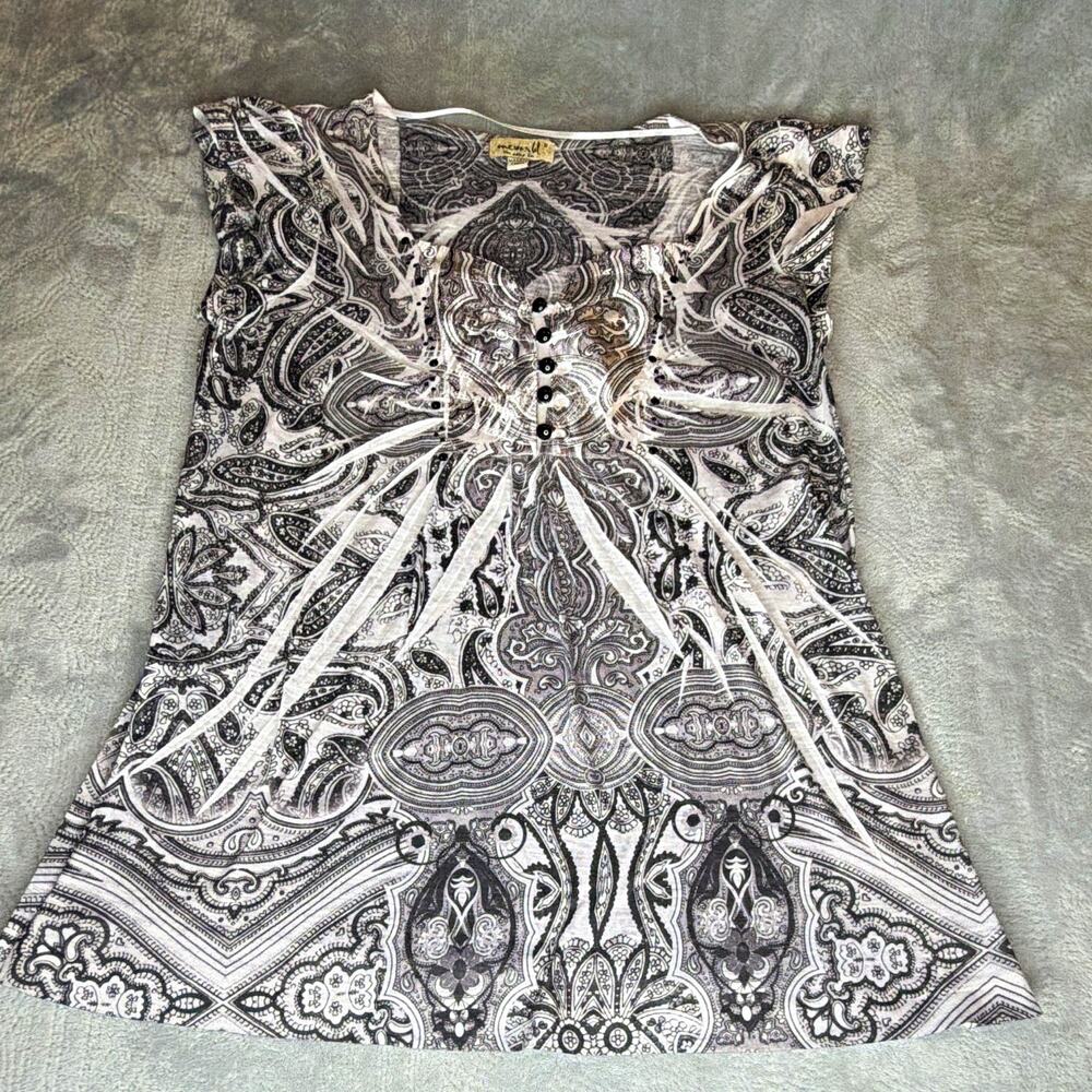One World Womens Size S Paisley Print Cap Sleeve Henley Blouse Beaded Y2K Boho